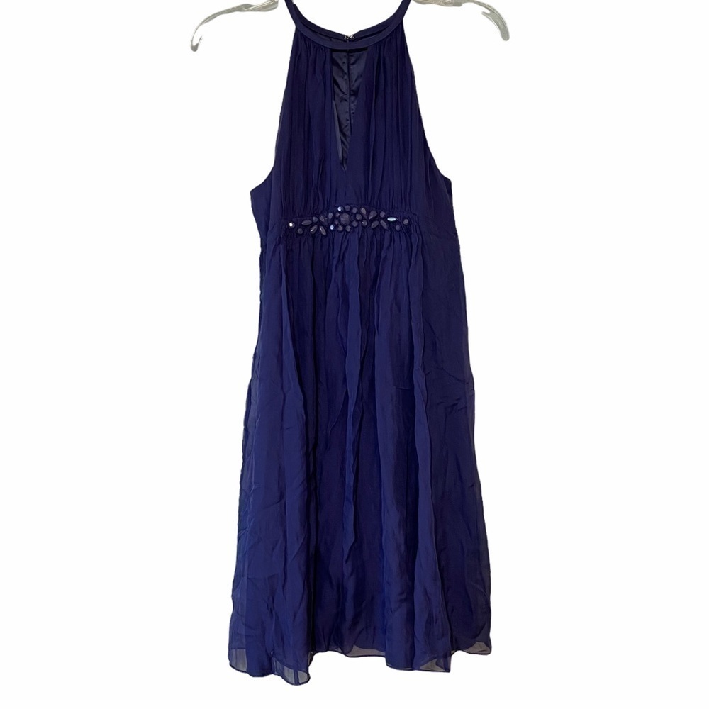 Rebecca Taylor Silk Beaded Waist Halter Dress Blue Sz 2